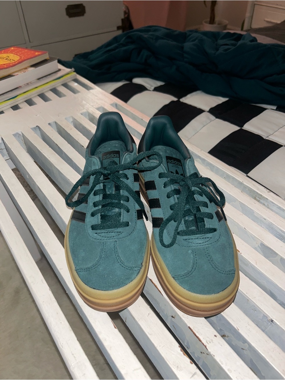 adidas Teal Suede Sneakers with Black Stripes and Gum Sole
